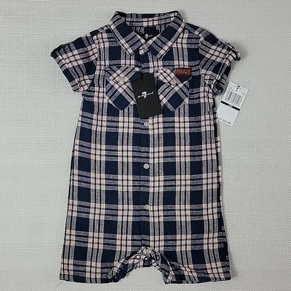 7 For All‎ Mankind plaid linen cotton blend shortall romper 18M